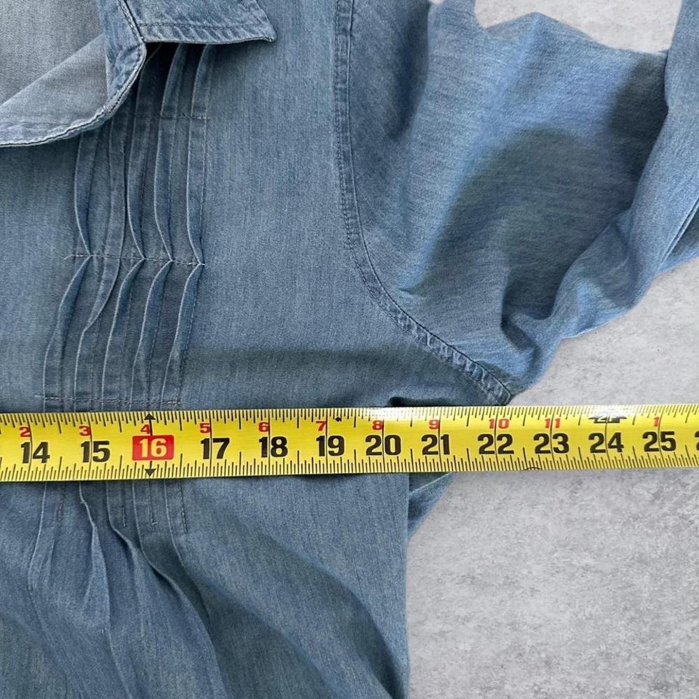 Vintage America Blues Blue Denim Pintuck Pleated Roll Tab Sleeve Tunic Shirt L - Picture 3 of 7